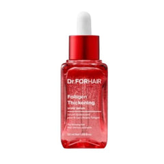 thickening scalp serum for fuller hair in a red bottle with dropper
