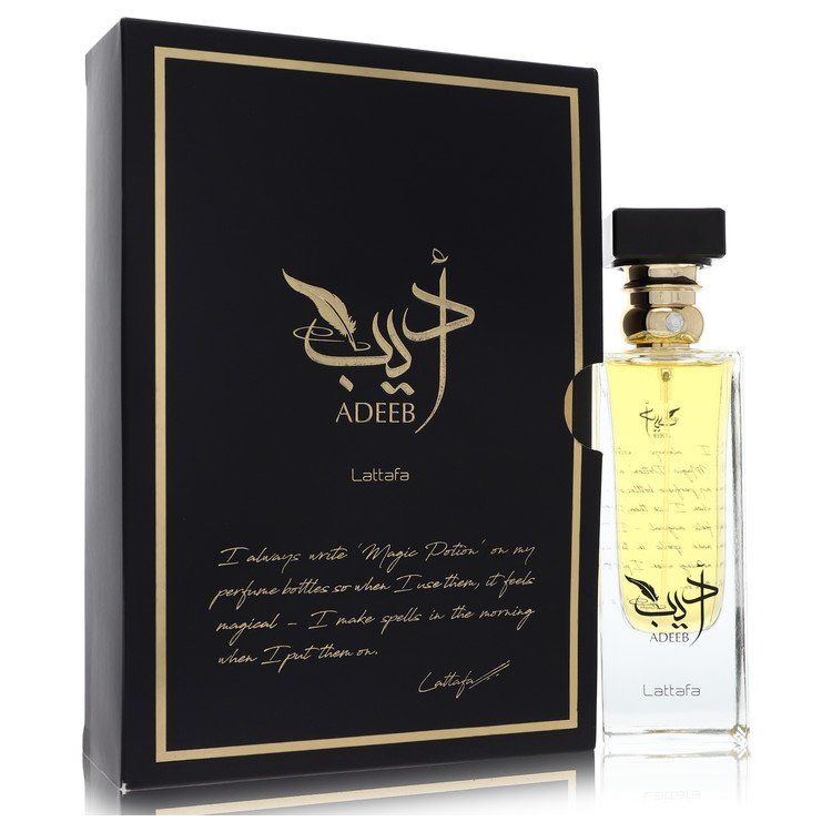 Lattafa Adeeb perfume 2.7 oz EDP spray for women, featuring the elegant black and gold bottle and box.