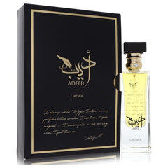 Lattafa Adeeb perfume 2.7 oz EDP spray for women, featuring the elegant black and gold bottle and box.