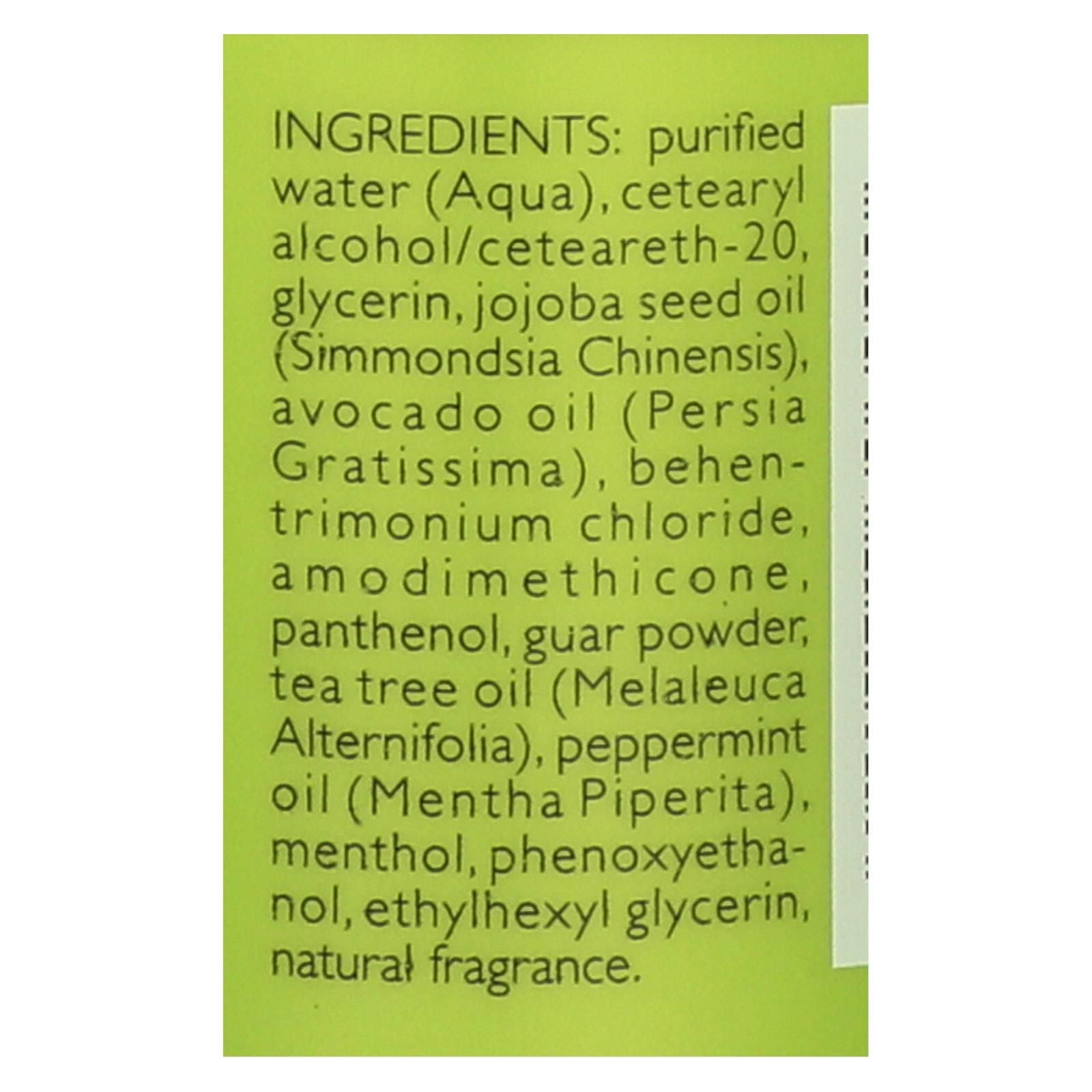 Ingredients label for Shikai natural tea tree conditioner, 12 fl oz, showing jojoba and avocado oils.