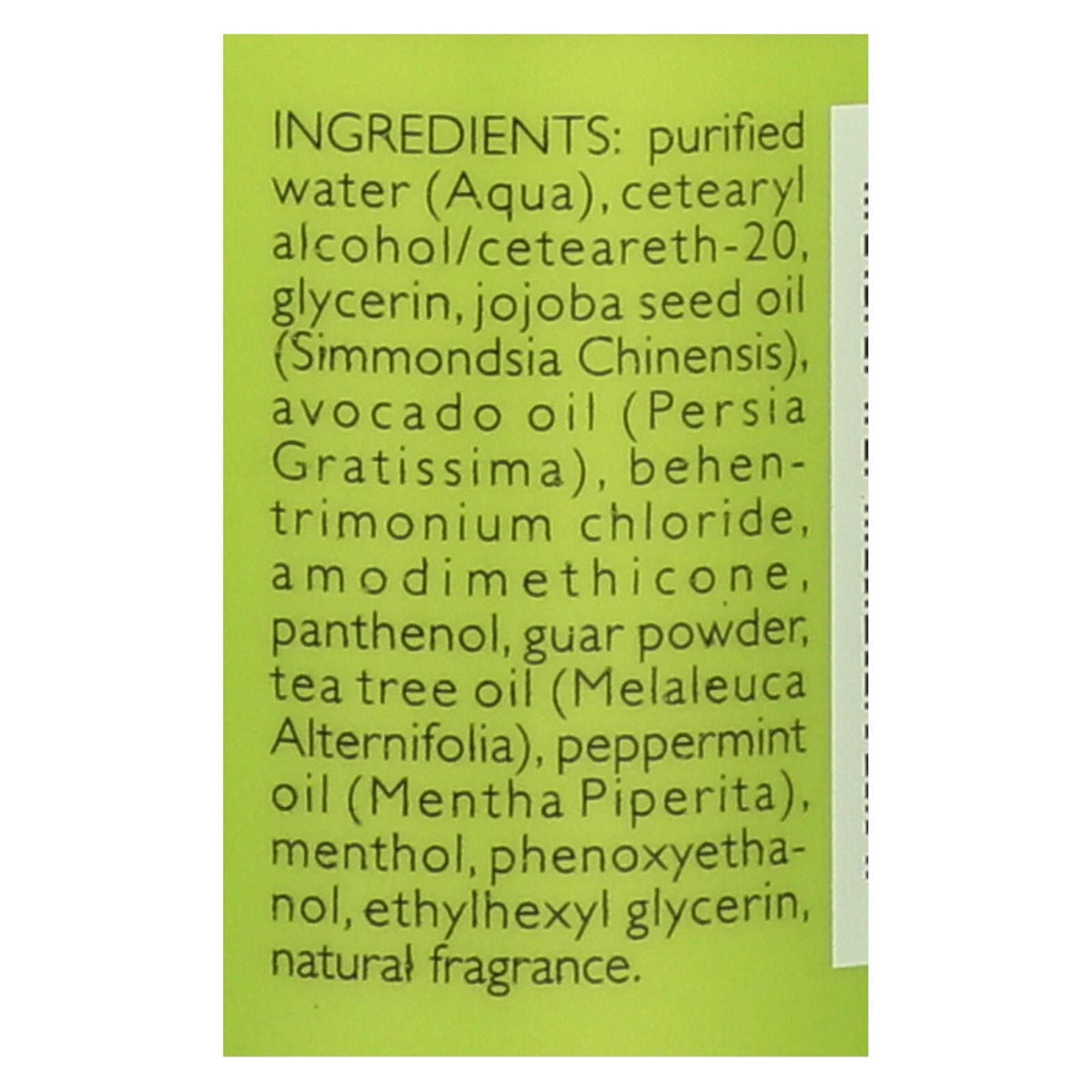 Ingredients label for Shikai natural tea tree conditioner, 12 fl oz, showing jojoba and avocado oils.