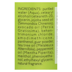 Ingredients label for Shikai natural tea tree conditioner, 12 fl oz, showing jojoba and avocado oils.