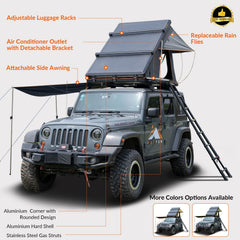 Roll over image to zoom in Adventurer Plus Rooftop Tent Hardshell with Side Awning, Air Conditioner Outlet with Bracket, &Replaceable Rain Flies, Truck Bed Tent for Camping, Pop Up Overland Roof Tents