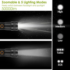 Tactical LED Flashlight Zoomable Rechargeable Search Light Torch