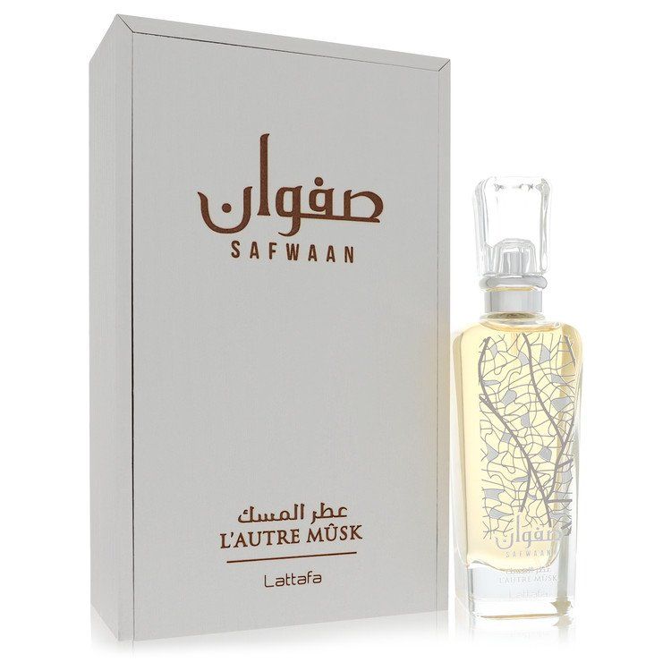 Lattafa Safwaan L'autre Musk perfume 3.4 oz (100 ml) Eau De Parfum bottle next to its white box packaging.