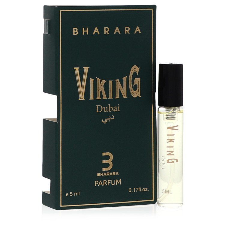 bharara viking dubai travel spray for men, a 5 ml 0.17 oz mini cologne by Bharara Beauty with green packaging.