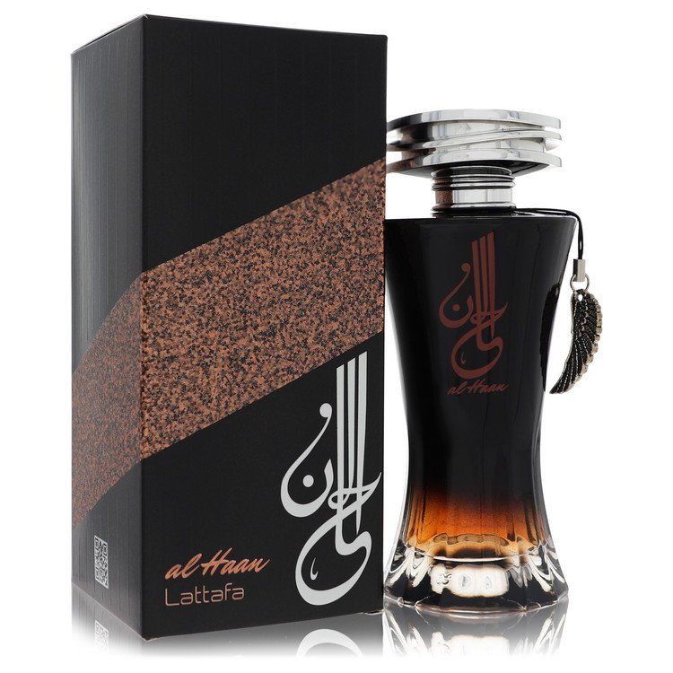Lattafa Al Haan perfume 3.4 oz (100 ml) EDP spray for women, featuring the black bottle and decorative box.