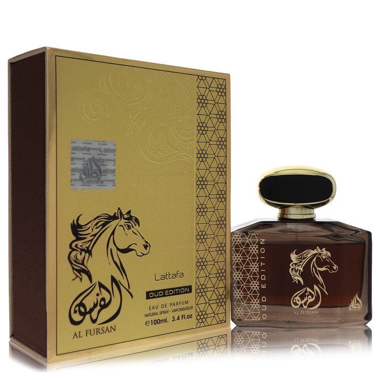 Lattafa Al Fursan Oud Edition EDP 3.4 oz 100 ml spray bottle with its gold packaging box.