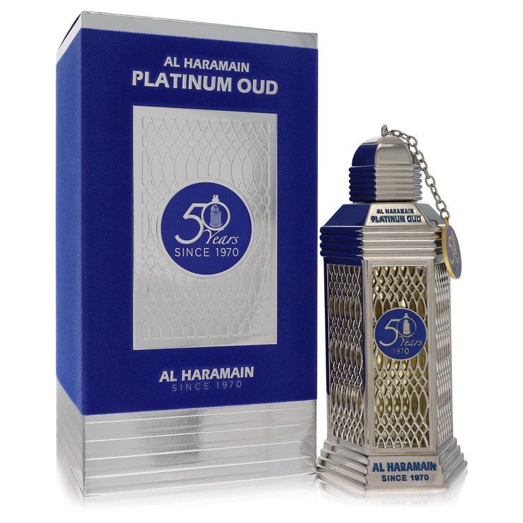 Al Haramain 50 Years Platinum Oud 3.3 oz (100 ml) Eau De Parfum spray for women, shown with its blue and silver box.