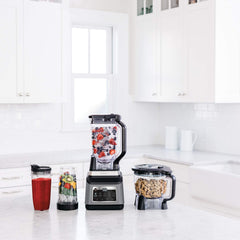 N inja BN801 Professional Plus Kitchen System, 1400 WP, 5 Functions for Smoothies, Chopping, Dough & More with Auto IQ, 72-oz.* Blender Pitcher, 64-oz. Processor Bowl, (2) 24-oz. To-Go Cups, Grey
