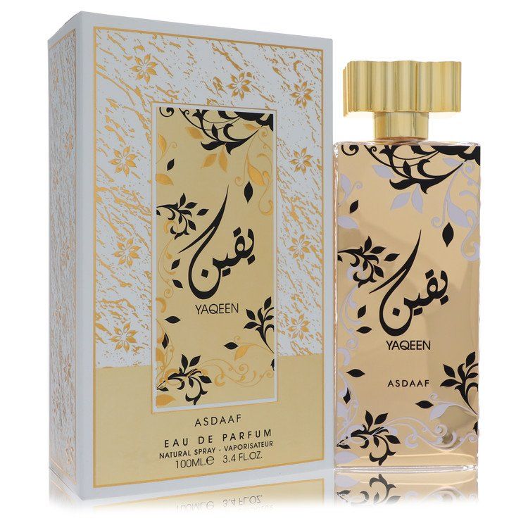 Lattafa Asdaaf Yaqeen perfume 3.4 oz EDP spray for women with gold-patterned packaging.