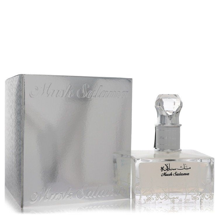 Lattafa Musk Salama perfume 3.4 oz 100 ml EDP spray for women, featuring the glass bottle and its silver packaging box.