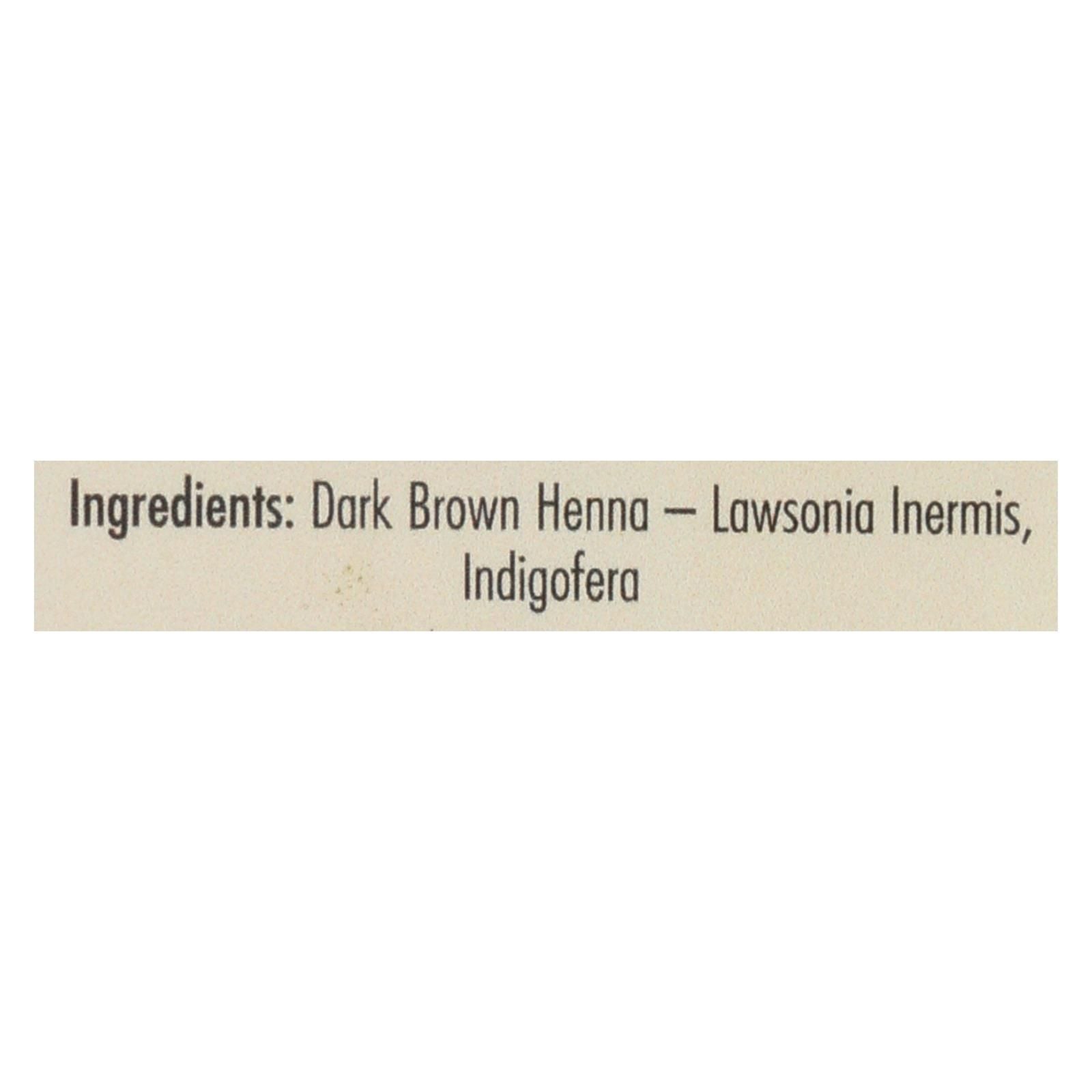 Ingredients label for Rainbow Research dark brown henna hair color showing Lawsonia Inermis and Indigofera.