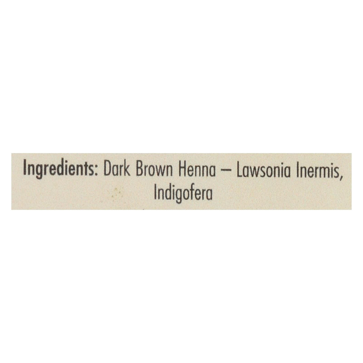 Ingredients label for Rainbow Research dark brown henna hair color showing Lawsonia Inermis and Indigofera.