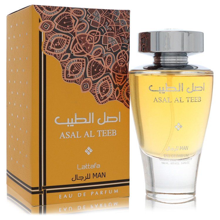 Lattafa Asal Al Teeb Eau De Parfum for men, 100 ml (3.4 oz) spray bottle and packaging box.