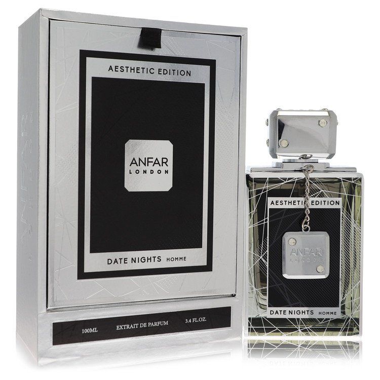 Anfar Date Nights Extrait De Parfum 3.4 oz 100 ml men's cologne bottle and silver box.