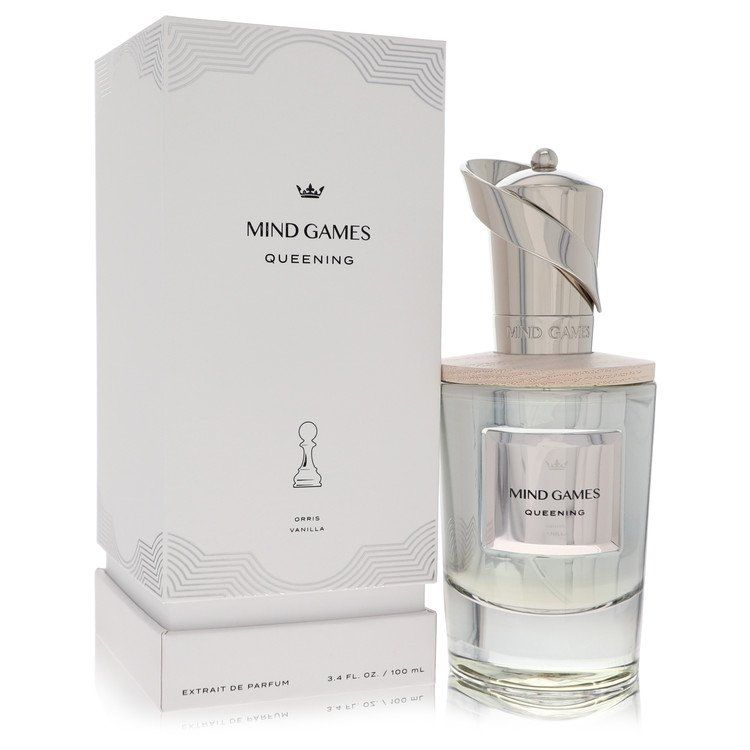 Mind Games Queening perfume for women, 3.4 oz bottle and elegant white packaging box.