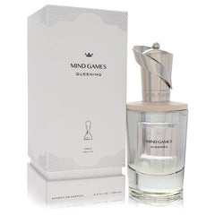 Mind Games Queening perfume for women, 3.4 oz bottle and elegant white packaging box.