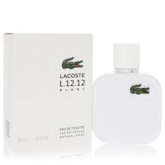 Lacoste L.12.12 Blanc Eau De Toilette for Men in a 1.6 oz bottle next to its white box.