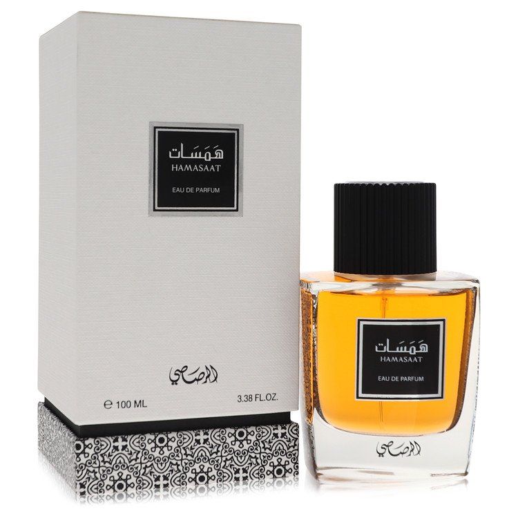 Rasasi Hamasaat Eau De Parfum 100 ml 3.4 oz spray bottle next to its box, a men's cologne by Rasasi.