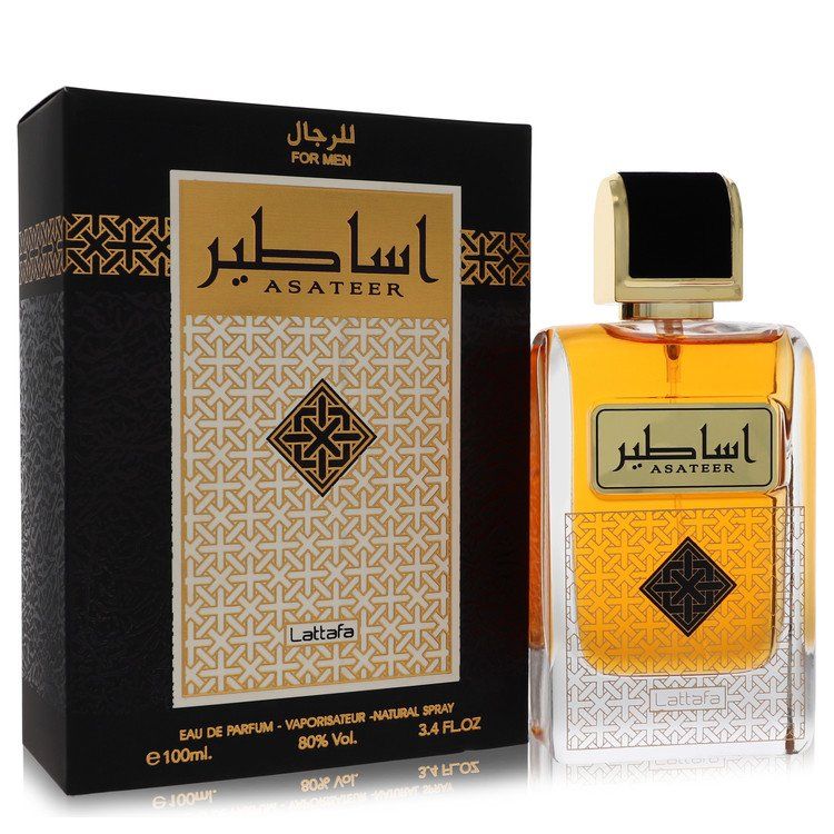 Lattafa Asateer Eau De Parfum 3.4 oz / 100 ml spray cologne for men shown with its black and gold product box.