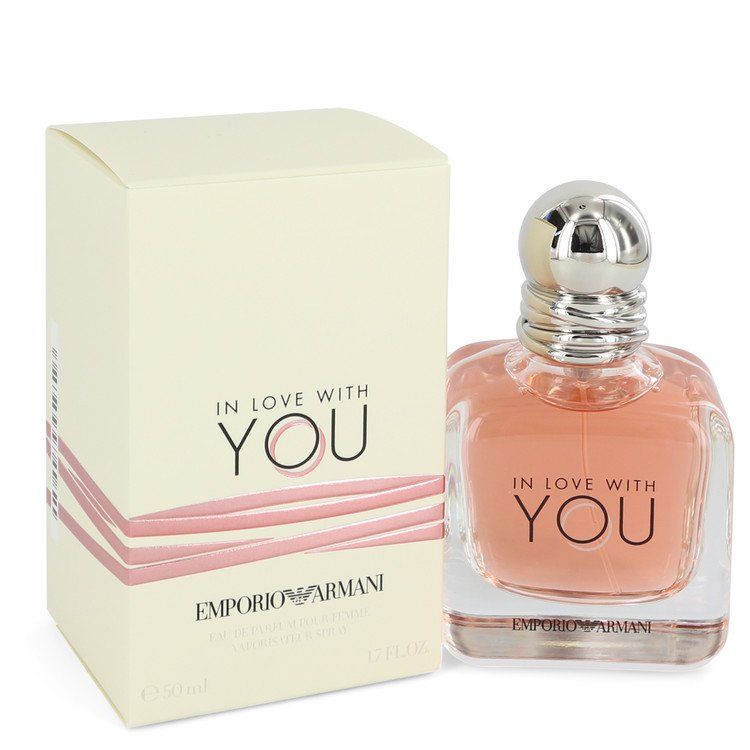 1.7 oz bottle of Giorgio Armani In Love With You perfume for women next to its white packaging box.