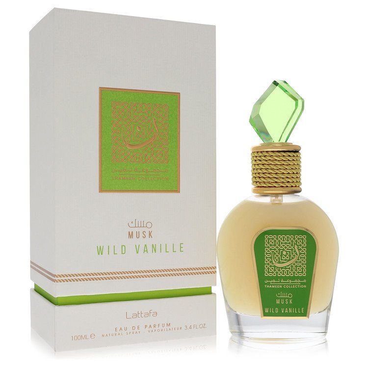 Lattafa Musk Wild Vanille perfume 3.4 oz (100 ml) spray bottle for women, shown with its white and green packaging box.