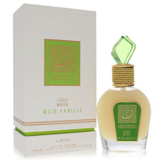 Lattafa Musk Wild Vanille perfume 3.4 oz (100 ml) spray bottle for women, shown with its white and green packaging box.