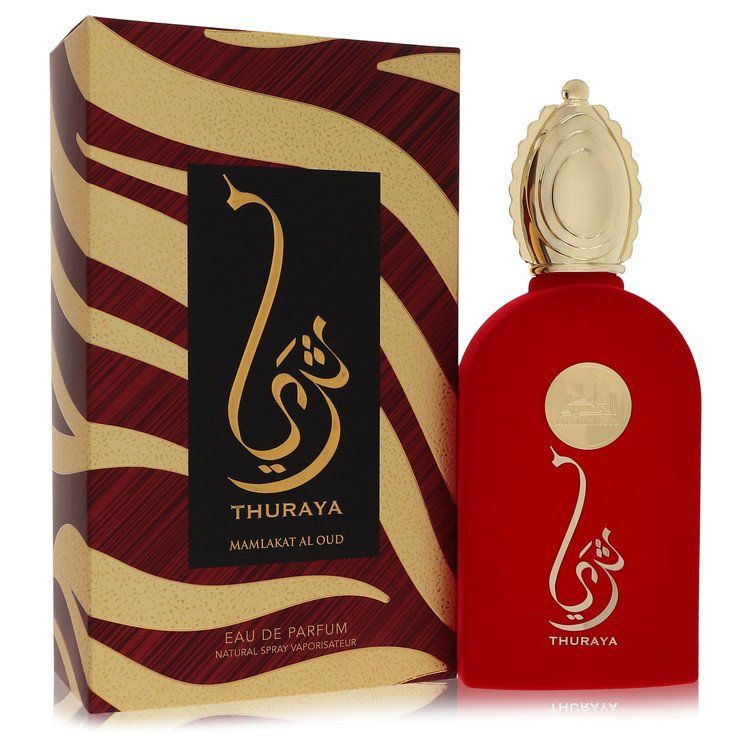 Lattafa Mamlakat Al Oud Thuraya perfume 3.4 oz red spray bottle next to its gold and brown patterned box.
