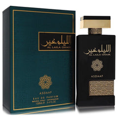 Lattafa Asdaaf Al Laila Ghair Eau De Parfum 3.4 oz spray bottle with its elegant green and gold packaging box.