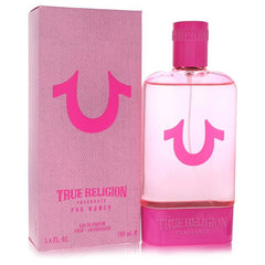 True Religion Pink perfume 3.4 oz / 100 ml Eau De Parfum Spray for women, featuring the pink bottle next to its retail box.