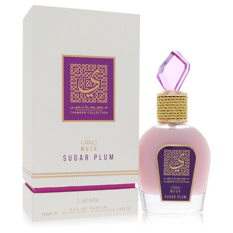Lattafa Musk Sugar Plum perfume for women, 3.4 oz (100 ml) spray bottle with white packaging box.
