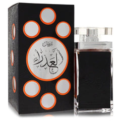 Lattafa Al Azra'a Black Eau De Parfum 100 ml spray bottle next to its black box with orange and white circular details.