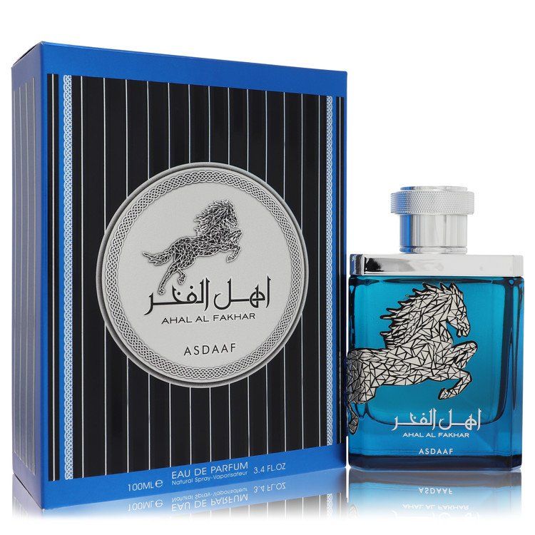Lattafa Asdaaf Ahal Al Fakhar Eau De Parfum 3.4 oz (100 ml) spray bottle with blue and black horse-themed packaging.