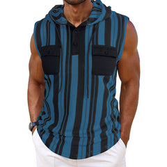Gilet à capuche rayé pour homme, sans manches, avec poches