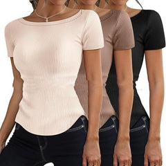 Camiseta de manga corta de punto acanalado y corte entallado para mujer