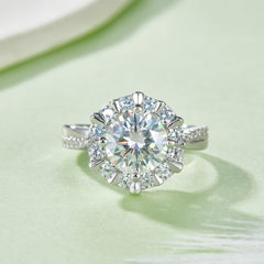 S925 Sterling Silver 2ct Moissanite Ring, 8mm D-VVS1 Sunflower Halo Setting, Platinum Plated 5.3g US Sizes 5-9 GRA Gift Box