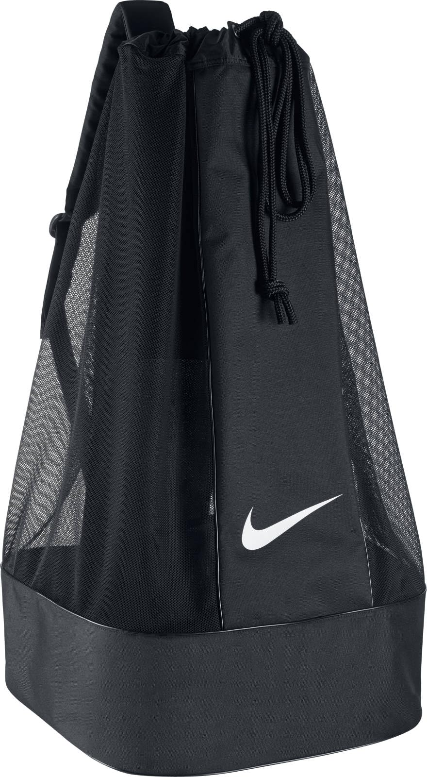 Black mesh Nike soccer ball bag with drawstring and white swoosh.