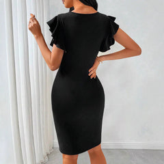 Robe fourreau élégante pour femme, à col rond, couleur unie et coupe près du corps amincissante