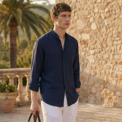 Mens Solid Color Loose Fit Casual Linen Shirt Top
