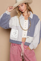 Classic Artistic Crochet Patch Exposed Seam Button Up Jacket Chic & Edgy Outerwear