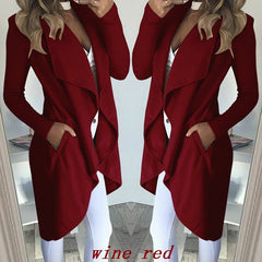 Women's Plus Size Solid Color Polo Collar Slim Fit Long Trench Coat