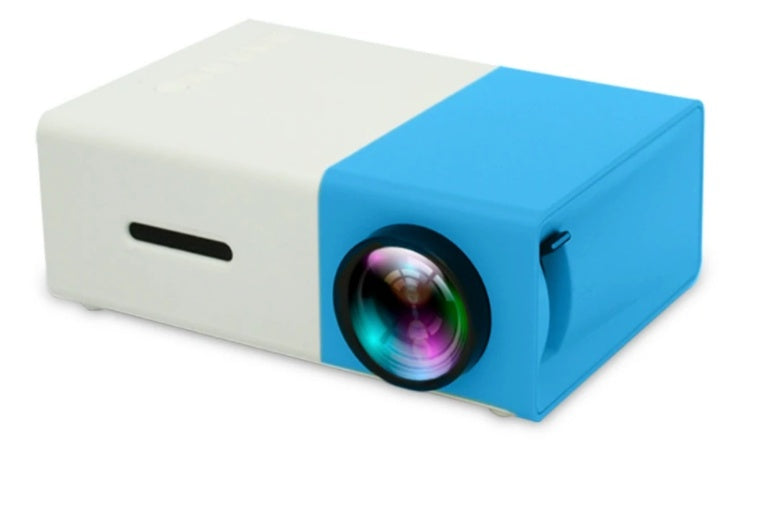 Blue and white digital 1080p mini projector showing its compact front projection lens.
