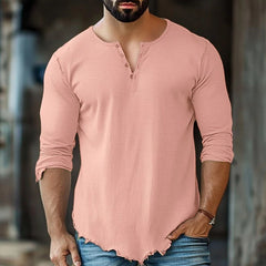 T-shirt décontracté tendance pour homme, uni, à quatre boutons et manches longues