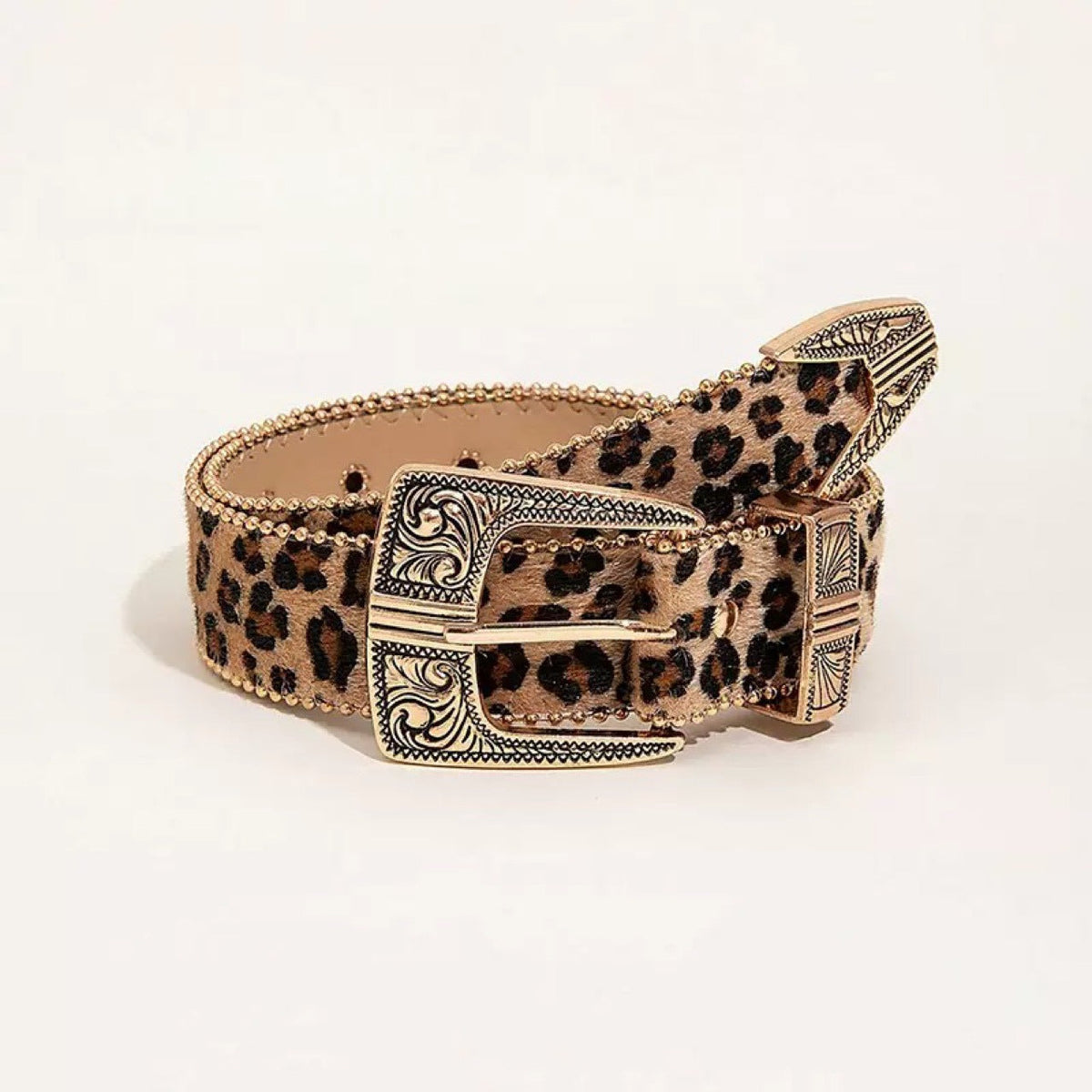 Cinturón retro americano con estampado de leopardo y diseño metálico grabado
