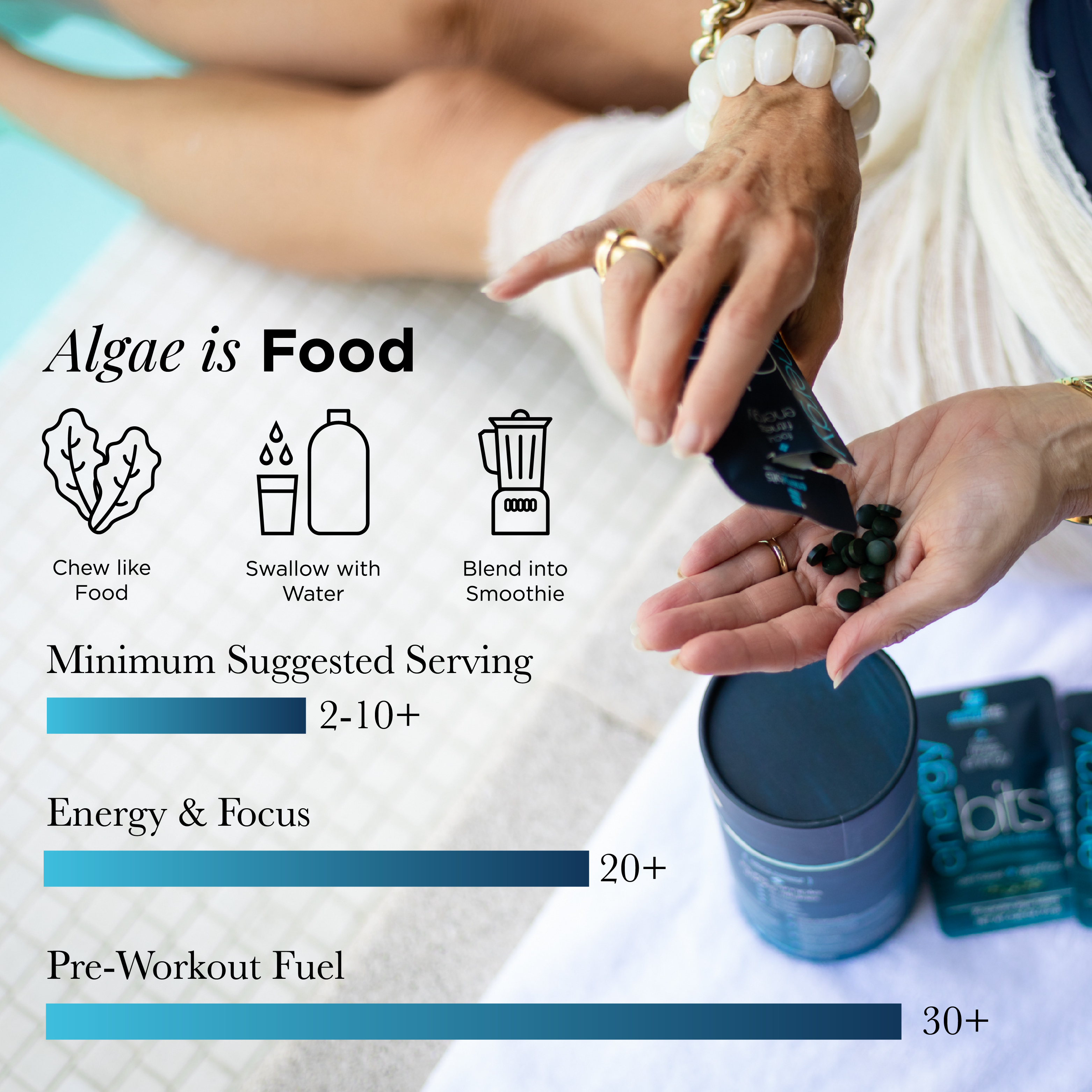 Active lifestyle users taking ENERGYbits Spirulina Tablets for natural energy