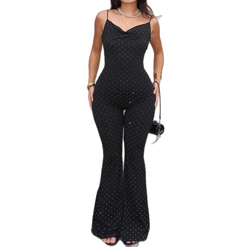 Combinaison-pantalon élégante pour femme, à col en V, moulante et ajustée aux hanches