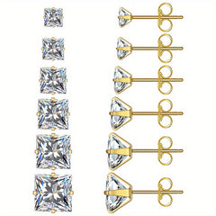 316 Stainless Steel Square Stud Earrings with Cubic Zirconia Accents
