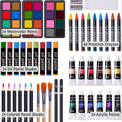 Coffret d'art Deluxe de 175 pièces - crayons de cire, crayons de couleur et peintures acryliques dans une boîte en bois