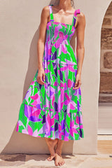 Long Floral Tie-Shoulder Smocked Midi Dress Perfect For Vacation & Summer Days